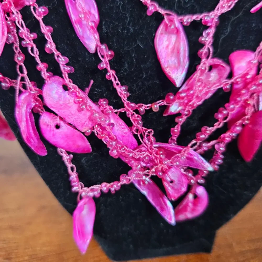 Hot Pink Beaded Feather Fashion Necklace